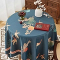 Diep blauwgroen rond tafelkleed met Chinese kraanvogel- en bergprenten op houten tafel - 140*100 / Marineblauw