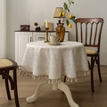 Leinentexturierte runde Tischdecke in Creme mit Quasten für einen Vintage-Look - Kreuzleinen-Stil Mit Fransen / 140*220cm
