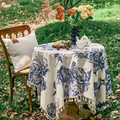 French vintage floral bird print round tablecloth with tassels for picnic and garden use - 150*100cm / Blue