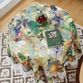 Floral round tablecloth with elegant white lace border in French country garden style - 132*132 / Dark Green