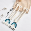 Detail of boho curtain tieback showing rainbow tassels, wooden beads and size dimensions - One Size / Green