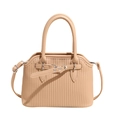 Chic oatmeal-colored tote bag with vertical textured leather and silver hardware - Small / Khaki