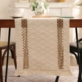 Bohemian beige cotton table runner with dark brown stripes and handmade tassel edges - 30*220 / Two Ropes Table Runner