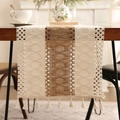 Bohemian woven table runner with tassels and cream white crochet panels in high-end style - 30x220cm / Single Line Beige