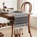 Moderne zwart-witte geweven tafelloper met kwastjes voor de eettafel - Zwart Wit Golf Lange Kwast / 35*90