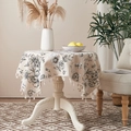 Floral cotton linen round tablecloth with beige fringe tassels in Nordic style - Beige Peony