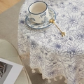 Vintage cotton linen floral tablecloth with blue flower patterns and elegant beige tassels - 60*60cm