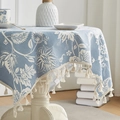Blue cotton linen tablecloth with white floral pattern and elegant tassel trim - 60cmx60cm / Blue White Floral