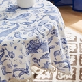 Tovaglia blu in cotone e lino con stampa oceano e nappe decorative ai bordi - Stile Sirena Oceano (Rotondo) / 60x60cm