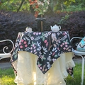 Waterproof table cloth with flamingo and botanical print over beige lace layer - Midnight Black Plum
