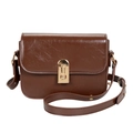 Retro brown leather crossbody bag with golden clasp closure and adjustable strap - Brown