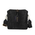 Women's black bucket bag with snakeskin texture and wide fabric shoulder strap - Black