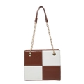 Minimalist square crossbody bag featuring brown and white checkerboard pattern and gold chain - Brown