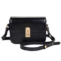 Minimalist black glossy leather crossbody bag with vintage golden oval buckle detail - Black