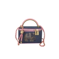 Denim box handbag with pink leather trim, chain strap and crystal elephant design - Blue