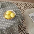 Detail of grey checkered cotton linen tablecloth with dark grey pom-pom tassel edges - 60*60cm / Grey Grid