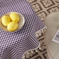 Detail of purple gingham tablecloth with white tassel fringe and linen texture - 60*60cm / Purple Gingham