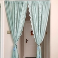 Mint green French lace curtains with rose floral patterns and elegant fringe tiebacks - 140*145 / Green