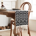 Bohemian black and white geometric table runner with handmade tassels on wooden desk - 35x90cm / Black and White Geometric Arrow