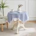 Blue and white plaid cotton linen tablecloth with elegant white fringe tassels - Blue Small Checkered
