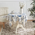 Round linen tablecloth with vintage blue floral patterns and elegant tassel edge decor - Blue Crabapple