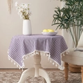 Purple checkered cotton linen tablecloth with white tassels for round table decor - Purple Gingham