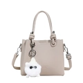 Borsa a secchiello in pelle beige con ciondolo di peluche e tracolla regolabile - Con Ciondolo / Grigio Beige