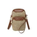 Handmade straw mini crossbody phone bag with brown leather trim and dual zipper pockets - Brown