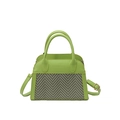 Green leather handbag with grey herringbone weave and detachable shoulder strap - Green