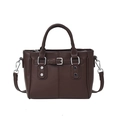 Dark brown textured leather tote bag with silver studs and detachable shoulder strap - Brown