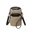 Vertical straw and black leather crossbody phone bag with double zipper and wrist strap - Black