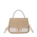 Chic beige leather and woven straw crossbody bag with elegant gold metal buckle closure - White