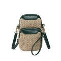 Beige straw phone bag with green leather trim and adjustable crossbody shoulder strap - Green