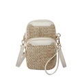 Minimalist straw patchwork crossbody phone bag with double zipper and wide strap - White