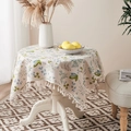 Round floral cotton linen tablecloth with beige leaf pattern and fringe tassels - Green Leaf