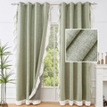 Thick grass green linen blackout curtains with white ruffles and metal eyelet rings - Light Green