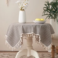 Brown and white checkered cotton linen tablecloth with elegant white fringe tassels - Brown Checkered