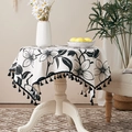 Linen round tablecloth with black floral print and elegant tassels for home decor - Black Morning Glory