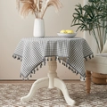 Grey and white checkered cotton linen tablecloth with handmade tassel fringe decoration - Gray Small Plaid