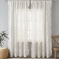 White floral curtains with grey reed patterns and ruffle edges in a cozy living room - 140*100 / Beige