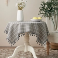 Gray and white gingham linen tablecloth with decorative fringe on a white vintage table - Gray Square