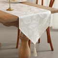 Elegant cream table runner with jacquard leaf pattern and decorative tassel trim - 35*150 / Large Leaf (White)