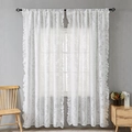 Elegant white ruffled curtains with gray floral patterns on a black rod for living rooms - 140*100 / White