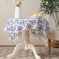 White round cotton linen tablecloth with blue floral vine print and elegant tassel fringe - Blue Flower