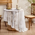 White French floral lace round tablecloth with ruffled edges on a wooden table - White Round Mirror Flower (Round)