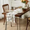 White vintage lace table runner with floral patterns and tassels on a dark wood table - 30cmx260cm / Tulip Style