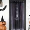 Halloween door curtain with white human skeleton print on black sheer tulle fabric - 100*140cm / Skull