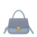 Blue denim and leather colorblock crossbody bag with gold hardware buckle and top handle - Blue