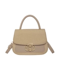Beige woven and khaki leather crossbody bag with adjustable strap and gold hardware - Khaki