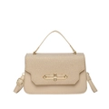 Beige patchwork handbag with gold clasp, top handle and adjustable shoulder strap - Khaki